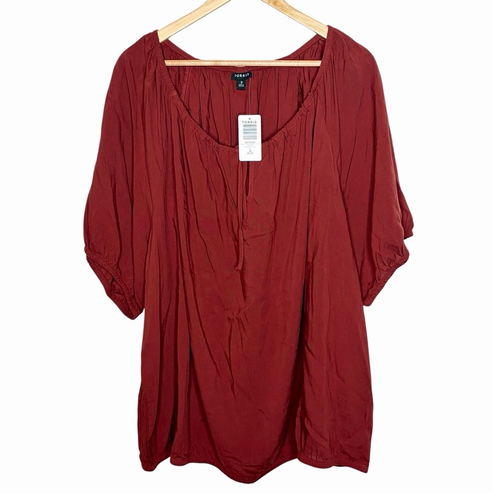 Torrid Challis Peasant Blouson Top Rust Red Womens Size 3X Boho Short Sleeve